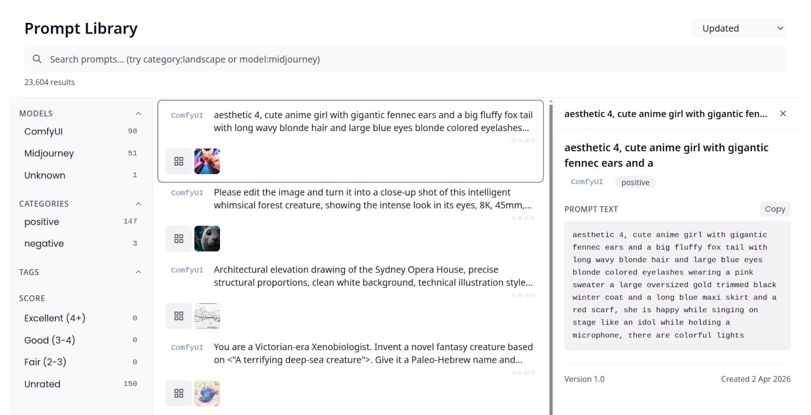The Numonic Prompt Library showing a three-pane layout: model and category filters on the left, a searchable gallery of prompts with asset thumbnails in the center, and a detail inspector with full prompt text and copy button on the right