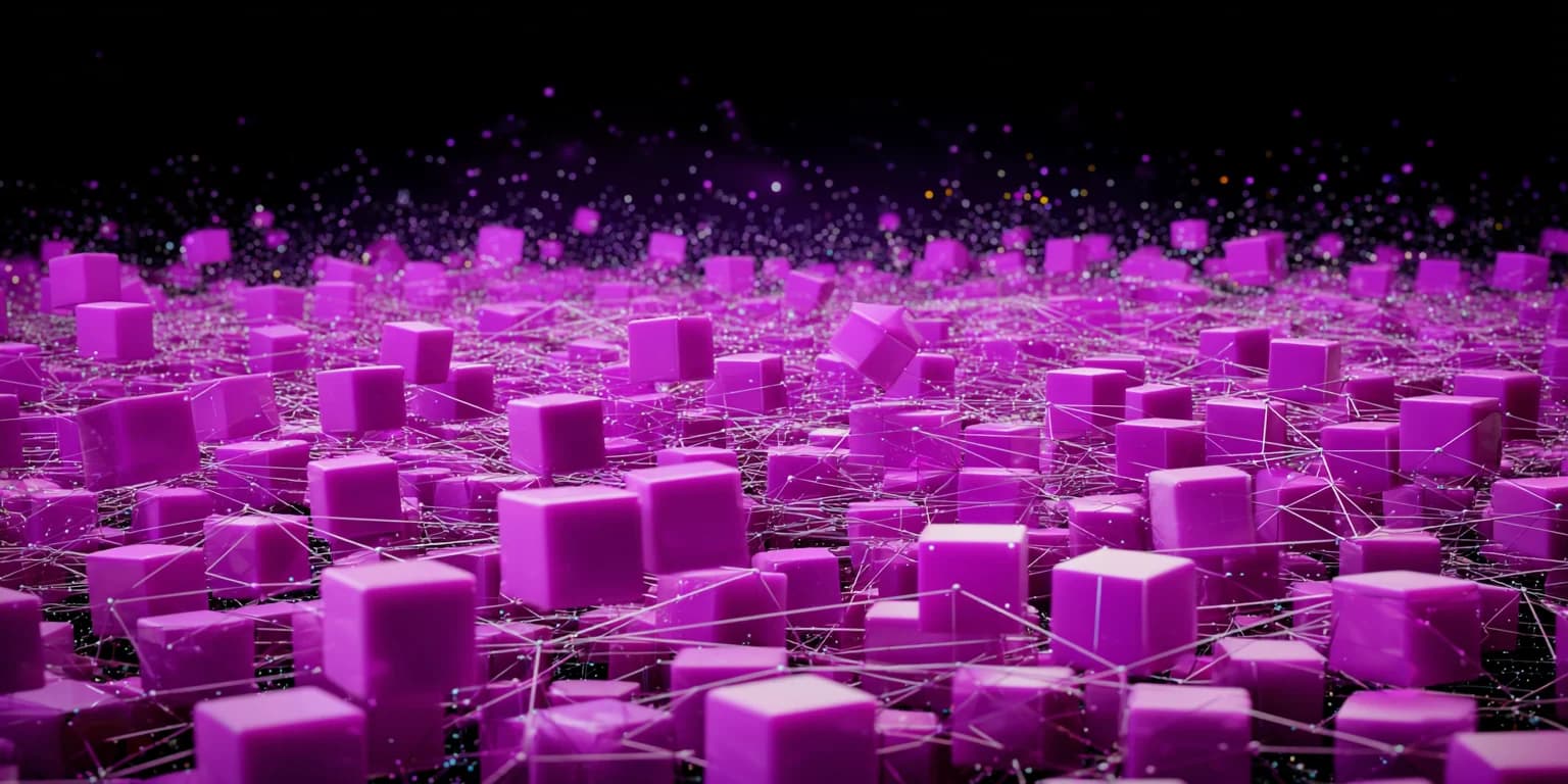 Abstract visualization of interconnected purple cubes forming a digital asset network on dark background