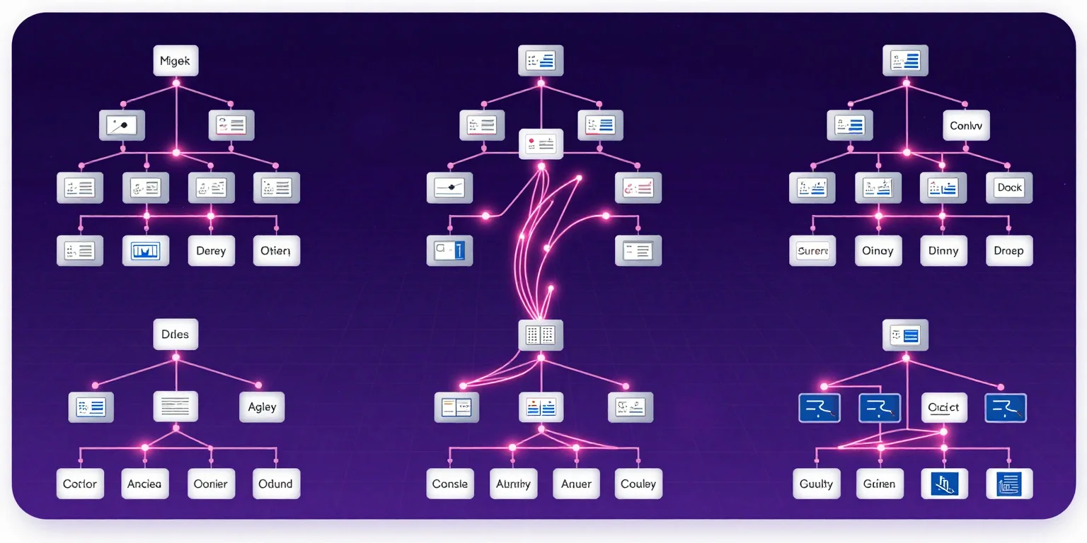 Abstract neon flowchart visualization representing AI creative workflows and process documentation