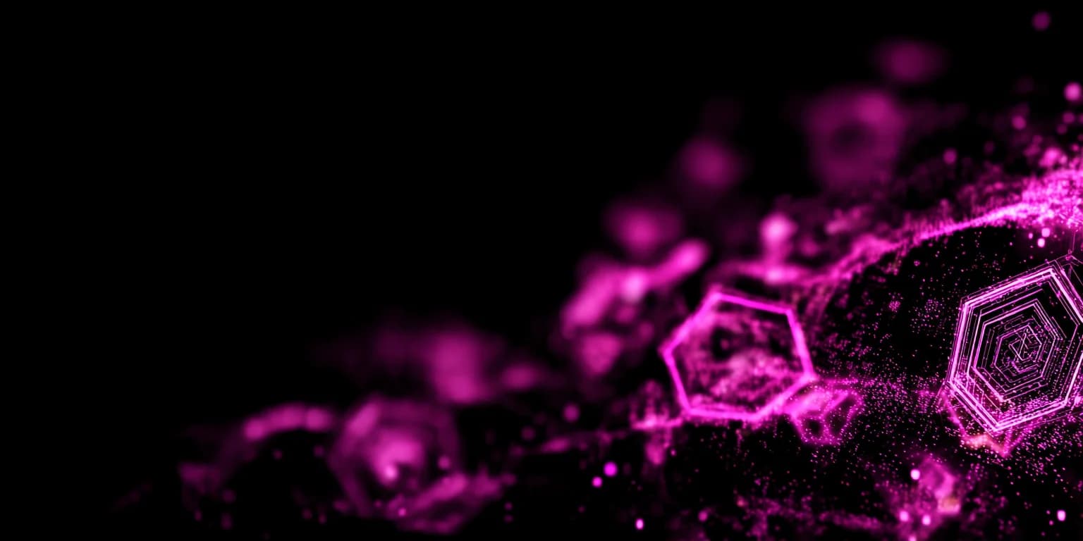 Abstract visualization: Magenta hexagonal particle nebula in space