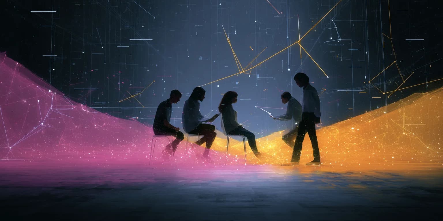 Abstract visualization: Silhouetted team on neon dune