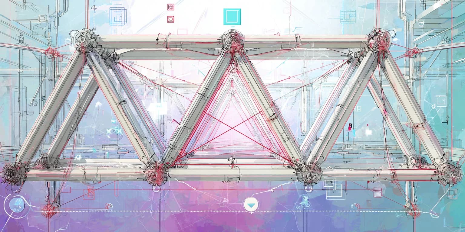 Geometric metal truss structure with neon cityscape representing the intersection of physical architecture and digital design