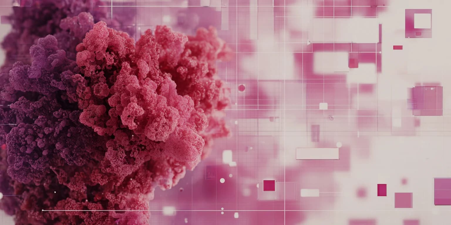 Abstract visualization: Pink nebula smoke with digital grid