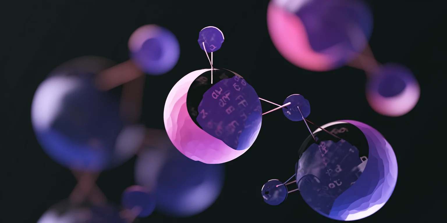Abstract visualization: Purple molecular spheres in dark backdrop