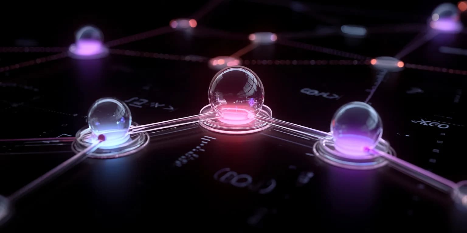 Abstract visualization: Neon glass nodes on circuit grid