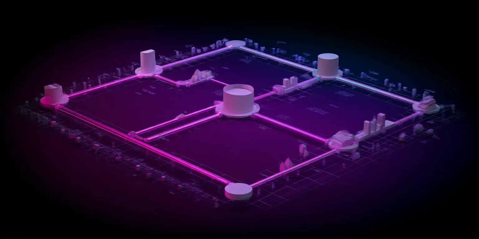 A neon-lit futuristic circuit platform, representing the layered infrastructure that supports AI-native creative workflows