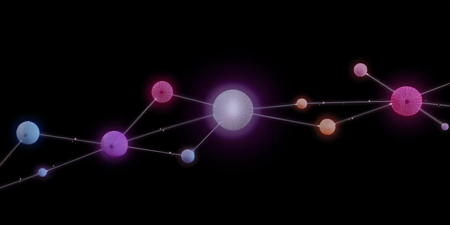 Abstract visualization: Interconnected glowing spheres in a cosmic network