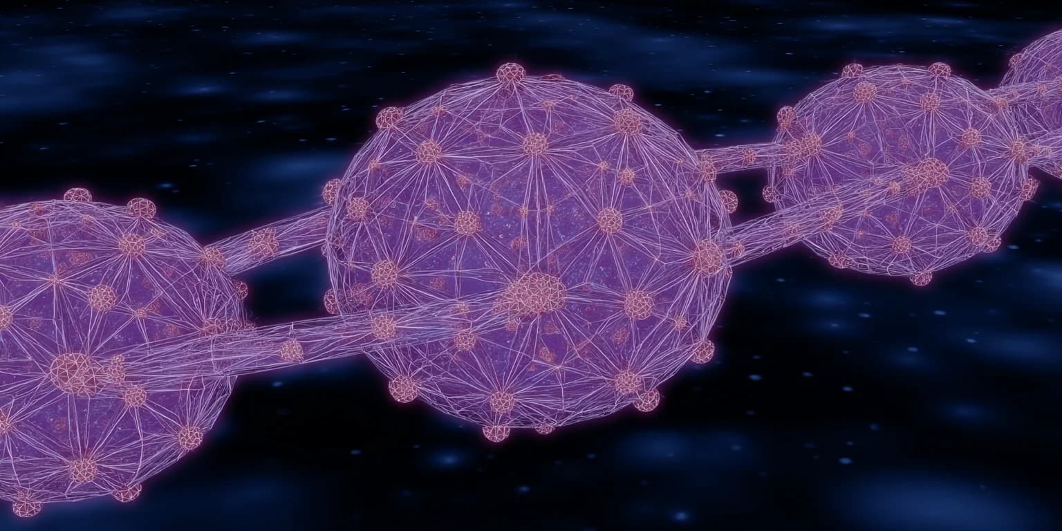 Abstract visualization: Purple wireframe molecular network in space