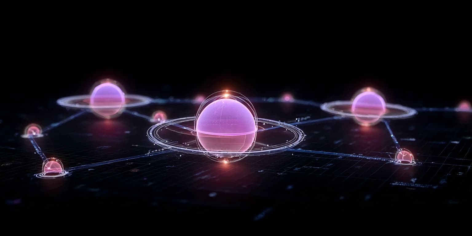 Abstract visualization: Neon orbital spheres orbiting in space