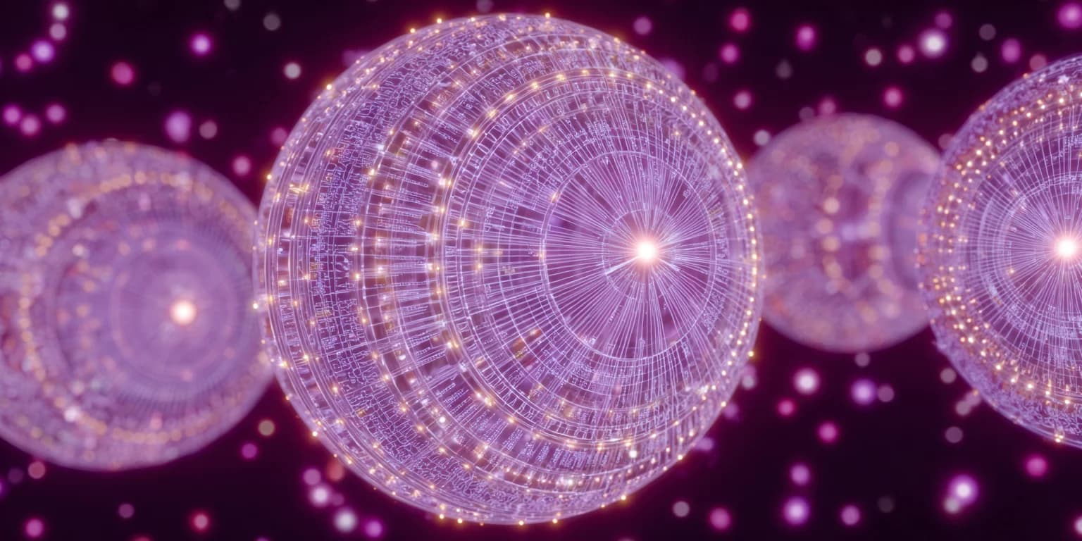 Abstract visualization: Glowing neon orbs in a lattice