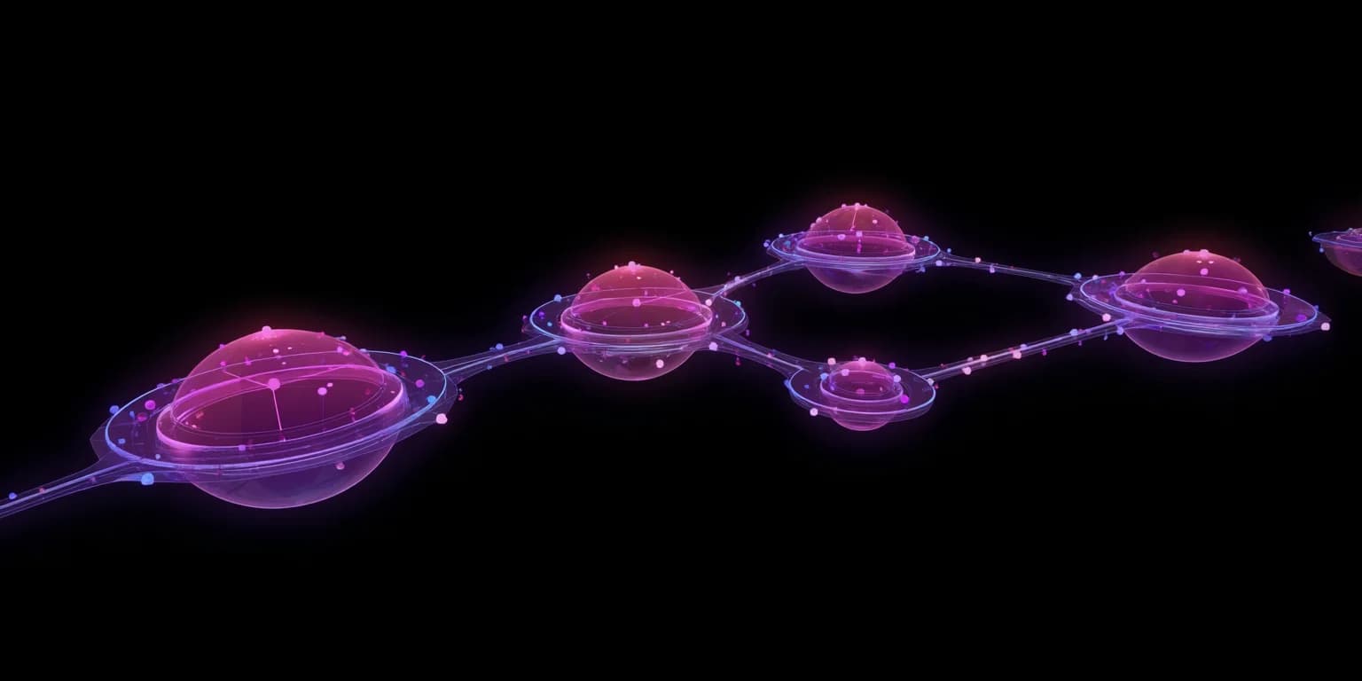 Abstract visualization: Neon orbiting spheres in purple