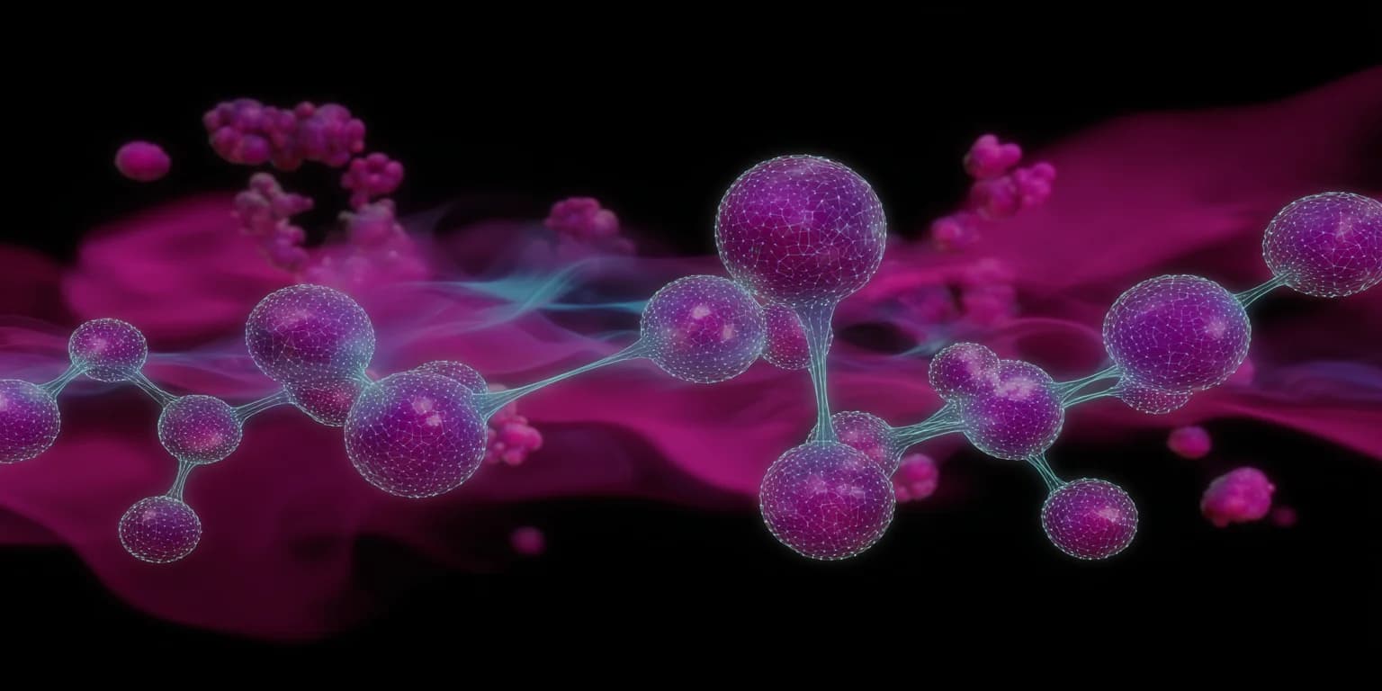 Abstract visualization: Neon molecular spheres in digital flow