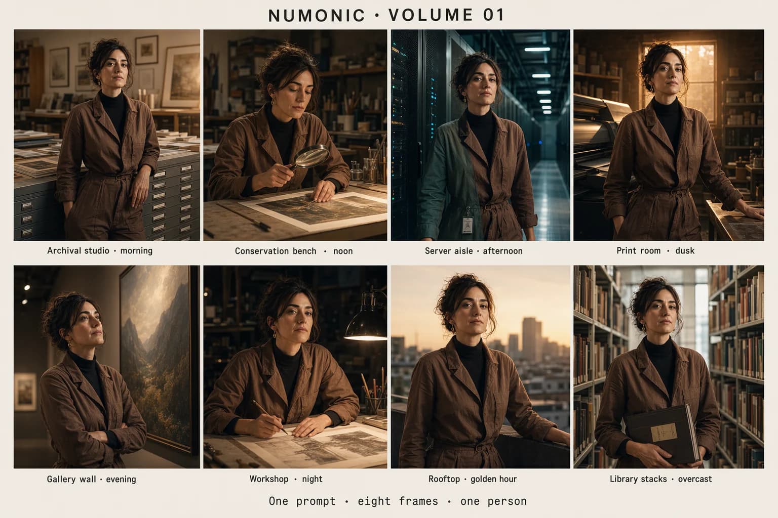 Eight-panel grid of the same curator-engineer in eight different contexts — identical facial geometry, pose register, and wardrobe base layer across all frames