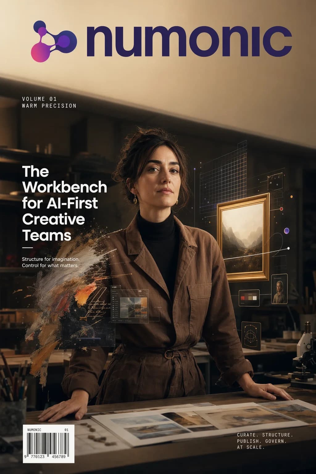 Numonic Volume 01 magazine cover — generated with GPT Image 2 in Comfy Cloud at 2K, ~40 credits, ~2 minutes; masthead, cover lines, and barcode rendered legibly in a single reasoning pass