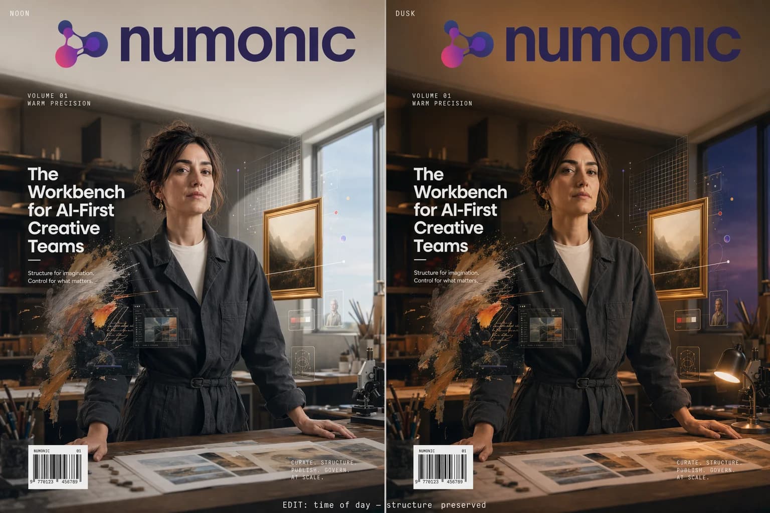 Noon/Dusk diptych of the same curator-engineer portrait — only lighting and sky colour change between panels; facial geometry, pose, and composition are pixel-stable