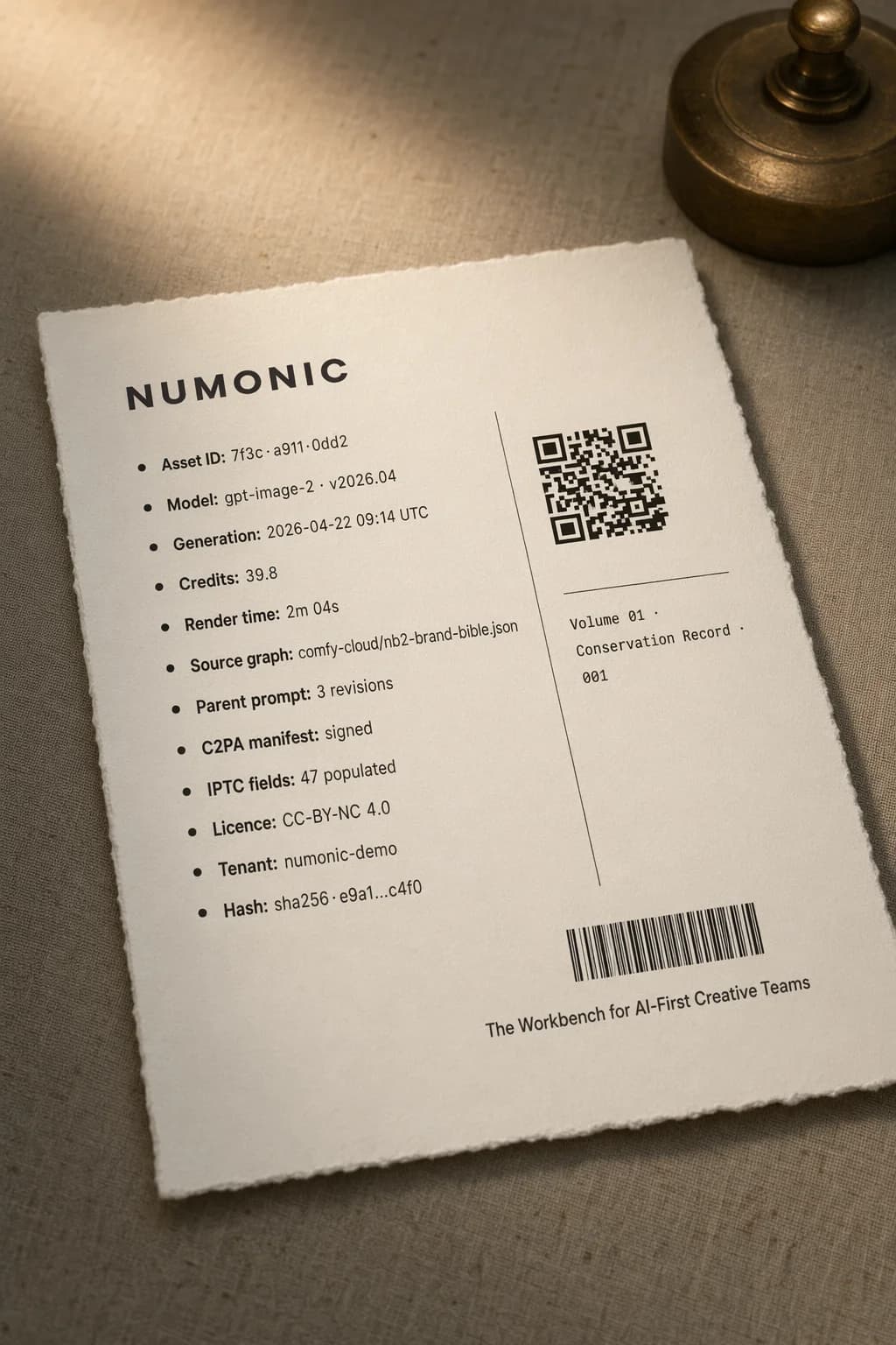 Museum conservation label rendered by GPT Image 2 — 12 specification rows in Poppins Medium 11pt, legible QR code, barcode, and JetBrains Mono caption