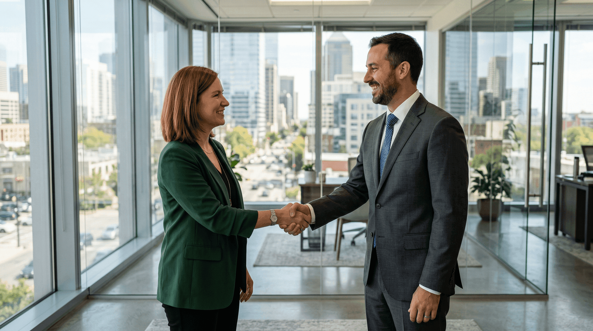 Multi-character handshake scene demonstrating NB2 spatial accuracy